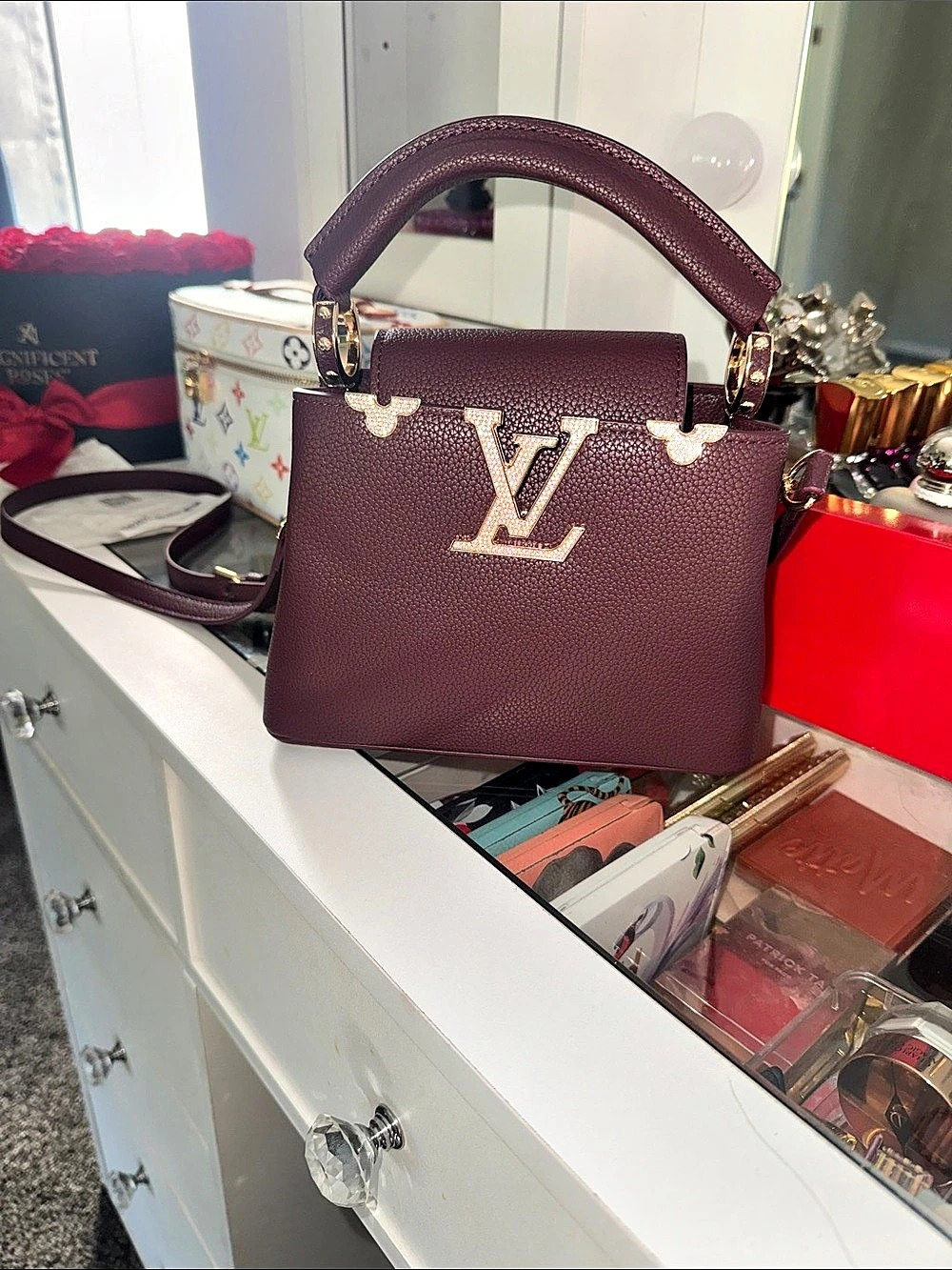 Capucines Mini Burgundy Shoulder Bag